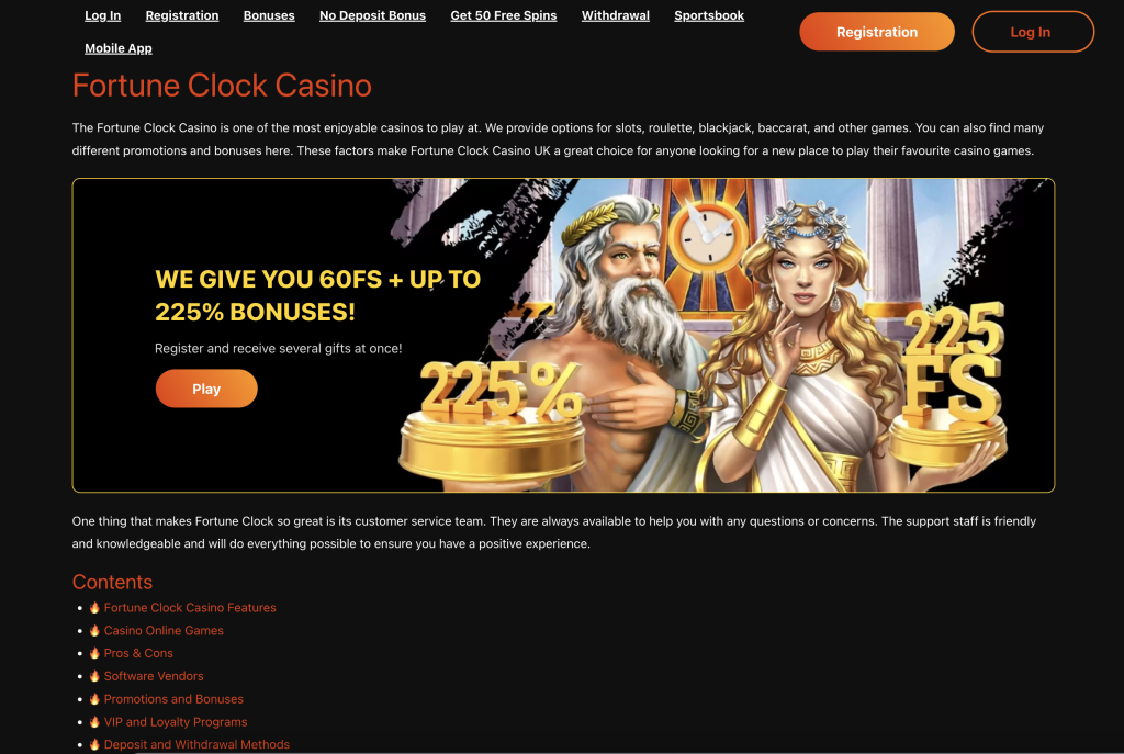 Image of fortune clock casino homepage