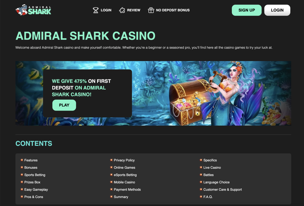 Image of admiral shark casino home page