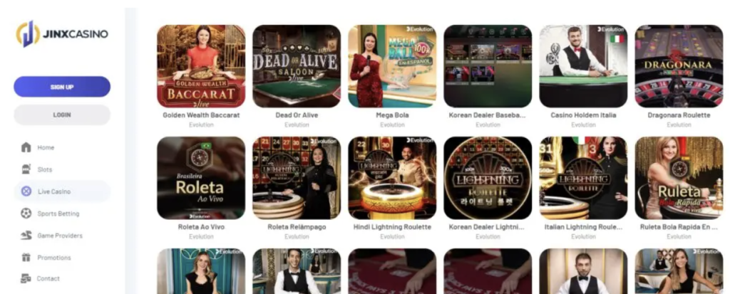 Image of Jinx Casino game options on Website